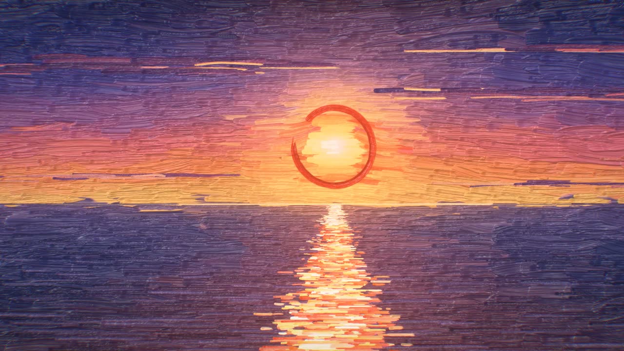 3 号片最后一幅画:紫色晚霞里的油画太阳和海面倒影